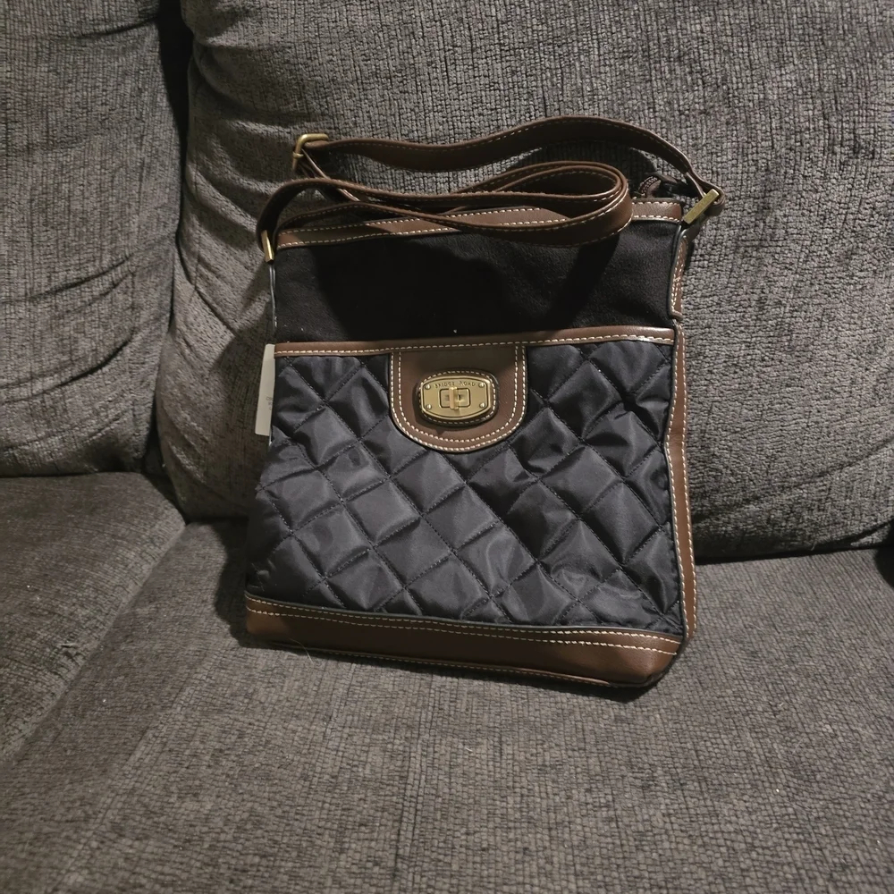 Quilted Black and Brown Crossbody Bag with Gold-Tone Hardware